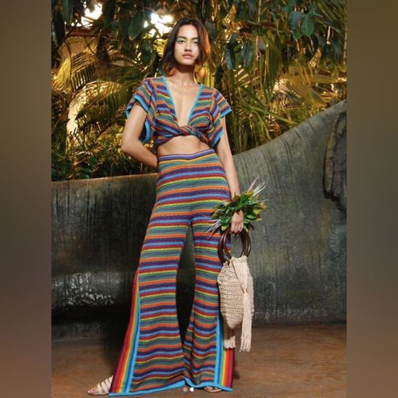 All Things Mochi NWT Knit Strappy Tank Top Rainbow Stripe Tassels Boho Festival - Picture 7 of 9